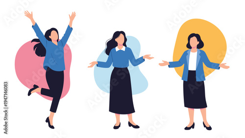 Three joyful businesswomen expressing success and happiness in different poses against colorful background shapes.