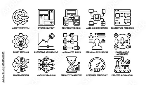 Icons representing modern technology concepts in adaptive systems and automation