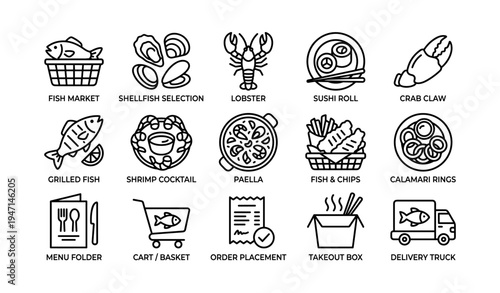 Variety of iconic seafood dishes and dining symbols