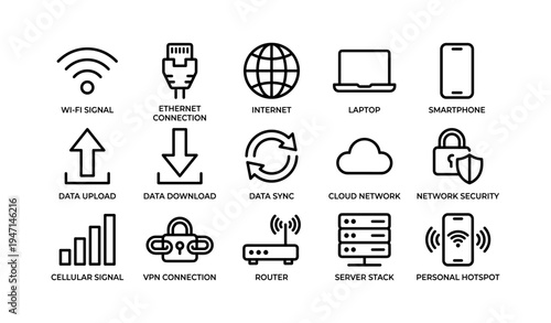 Technology icons for network connectivity and data security