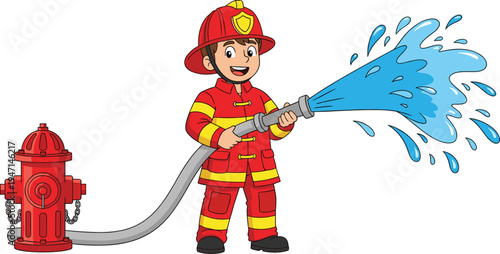 Cute firefighter cartoon character using water hose with fire hydrant vector illustration isolated on white background for safety education