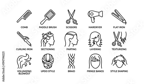 Hair styling tools and techniques icons: comb, scissors, hairdryer, braid, layers