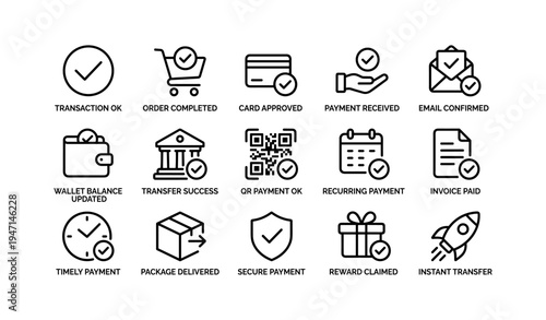 Financial icons: transaction, order, qr, payment, email, invoice, secure, reward, transfer