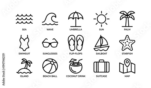 Summer vacation icons set with beach, palm, swim, and travel symbols