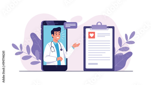 Digital healthcare concept with a doctor on a smartphone screen next to a medical report and a heart symbol.