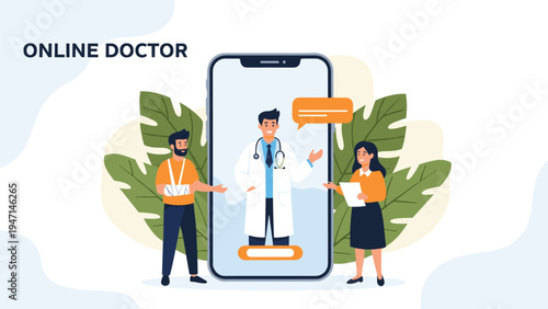 Patients using a mobile app to connect with an online doctor for telemedicine consultation and medical advice.
