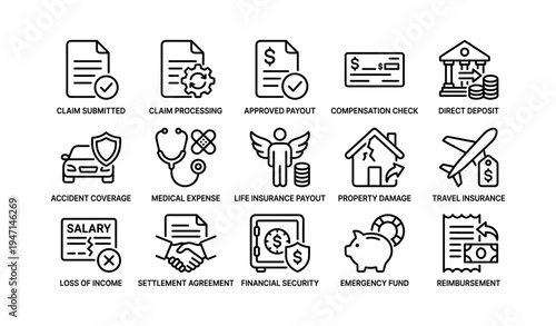 Insurance and financial services icons: coverage, compensation, security, settlement, reimbursement