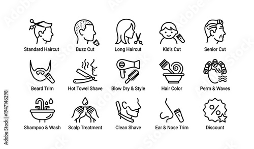Hair salon services icons: haircuts, styling, color, perm, shave, trim, treatment