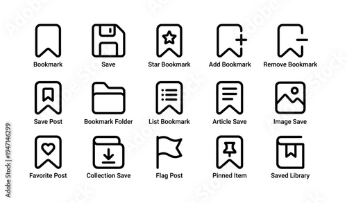 Minimalist icon set for bookmarking and saving features