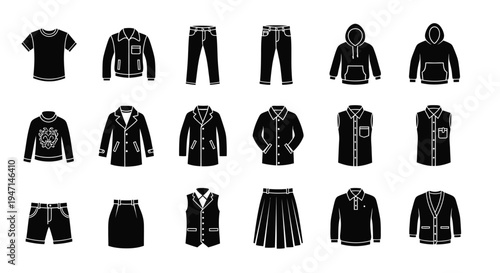 Collection of various black clothing items on white background including shirts pants hoodies jackets skirts and shorts for fashion design or catalog use