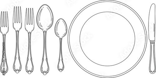 Vintage cutlery and plate line art, fork spoon knife tableware dining set elegant restaurant vector illustration isolated