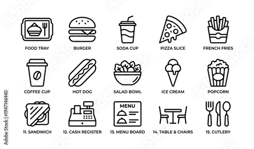 Icon set of fast food items with sandwich, pizza, burger, and more