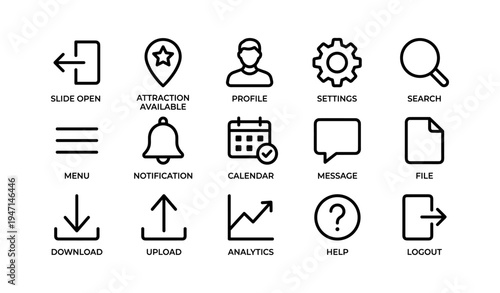 User interface icons for navigation and settings in minimalist style