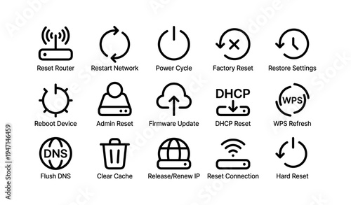 Network and router icons for troubleshooting and configuration