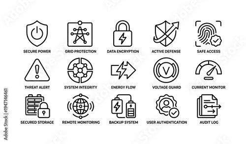 Secure power and data management icons: encryption, alerts, backup, monitoring
