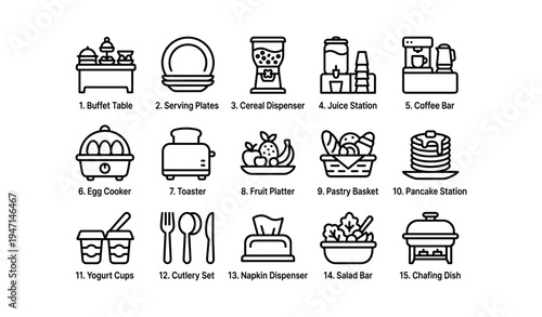 Black outline icons of various buffet station equipment and serving items