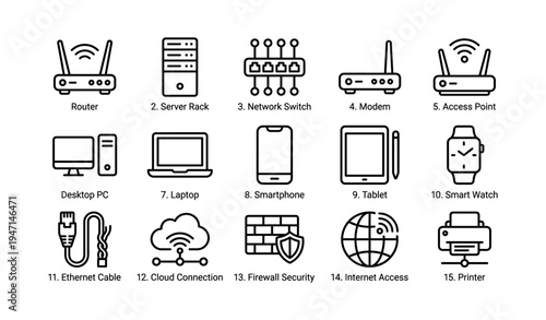 Essential computer network devices and accessories icons set