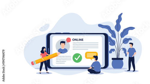 Group of people interacting with a social media profile on a giant smartphone screen for online networking goals.