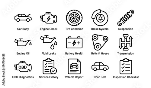 Car maintenance icons: engine, brakes, and tire systems overview
