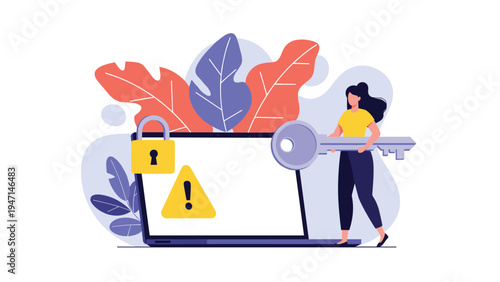 Security concept with a woman holding a large key standing next to a laptop with data protection icons around.