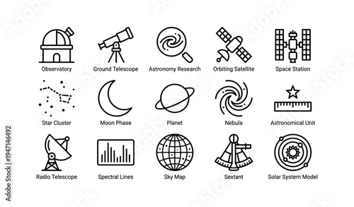 Astronomy icons: telescopes, satellites, space station, planetary exploration, celestial mapping