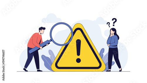 Man and woman inspecting a large yellow warning sign with a magnifying glass for risk assessment and safety audit.