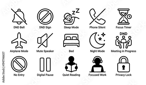 16 minimalist icons for dnd, sleep, focus, and privacy in digital settings