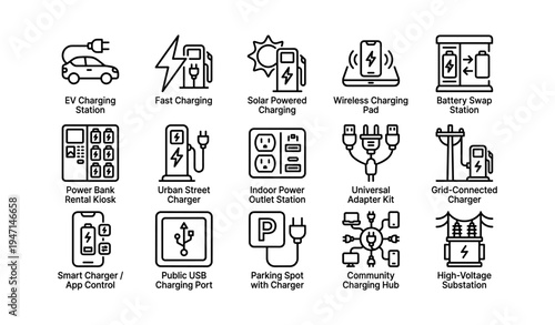 Electric vehicle charging solutions icons including solar and wireless stations