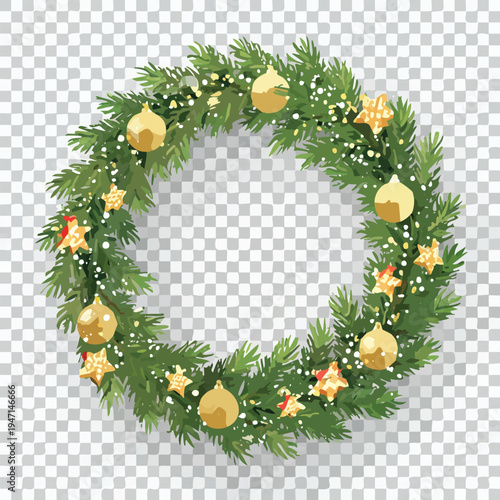 Festive christmas wreath illustration with gold ornaments and stars