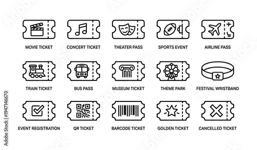 Diverse collection of event tickets icons including movie, concert, theater, and more