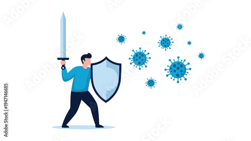 Brave character with a sword and shield defending against virus particles to represent immune system protection.