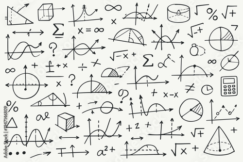 Hand Drawn Mathematical Formulas, Geometric Shapes, and Scientific Symbols Doodle. Seamless Pattern of Algebra, Geometry, Calculus Graphs, and Equations for Education and Science Design.