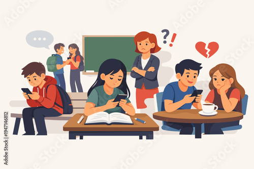 Flat vector illustration of students addicted to smartphones in school and social settings, depicting digital distraction, social isolation, relationship problems, and lack of focus in class.
