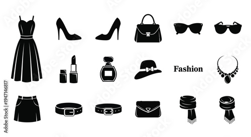 Fashion accessories and clothing items arranged on a white background for styling and design inspiration