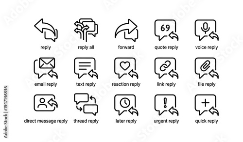 Messaging icons: reply, forward, quote, voice, email, text, reaction, link, file options