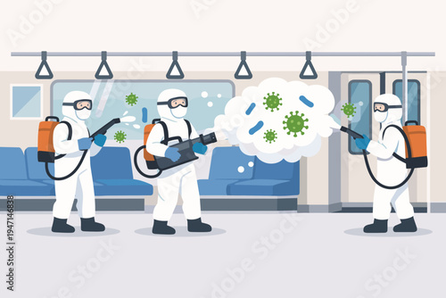 Medical Team in Protective Hazmat Suits Spraying Disinfectant to Kill Viruses and Bacteria Inside a Public Electric Train Subway Car, Professional Sanitation and Deep Cleaning for Disease Prevention