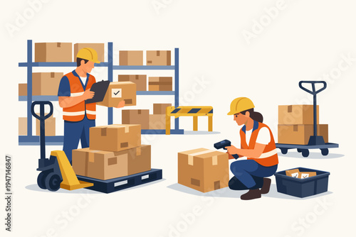 Warehouse workers in safety vests and hard hats checking and sorting cardboard boxes on pallets and shelves using a barcode scanner and clipboard in a modern distribution center storage facility.