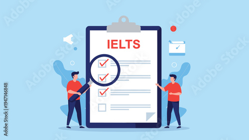 Team of people inspecting an IELTS exam checklist with a large magnifying glass for test preparation and review.