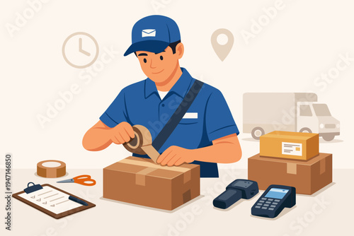Professional postal worker in a blue uniform and cap sealing a cardboard box with adhesive tape at a delivery station, featuring packages, clipboard, scanner, and delivery truck background.