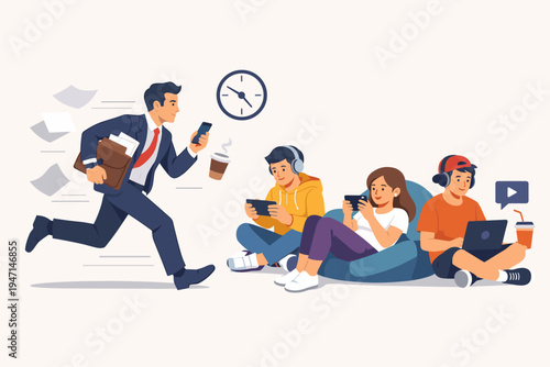 Busy Businessman Running with Briefcase and Phone Near Relaxed Young People Using Gadgets and Laptops, Concept of Generational Gap, Work-Life Balance, Hustle Culture, and Digital Lifestyle Vector