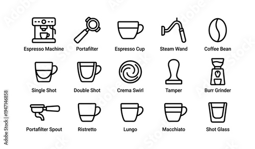 Espresso machine icons: coffee tools and beverage symbols collection