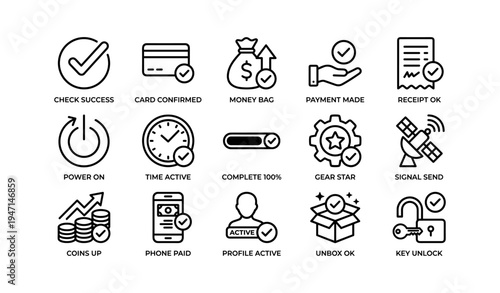 Icon set representing success, payment, activation, and progress with simple line art