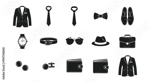 Collection of men's fashion accessories and business attire icons including ties hats shoes and jewelry on white background