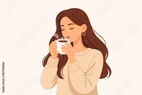 Beautiful young woman with long brown hair enjoying a hot cup of coffee or tea, closing eyes and smelling the aroma, flat vector illustration of a cozy morning routine, lifestyle concept art.
