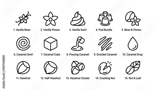 Vanilla and caramel icons set featuring hazelnut and bean illustrations