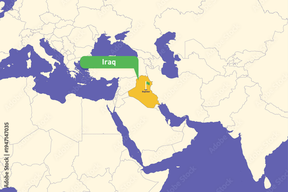 Obraz premium Highlighted infographic map illustration of Iraq, ideal for education, travel guides, and geography presentations.