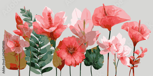 Vibrant tropical hibiscus flowers and exotic green leaves watercolor illustration set