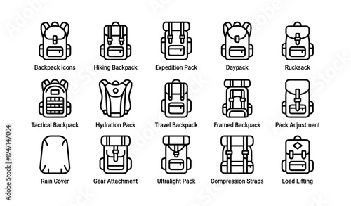 Backpack icon collection: hiking, daypack, tactical, and more