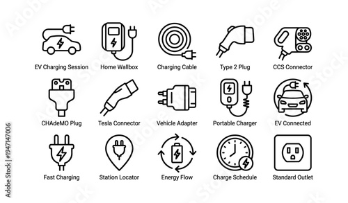 Electric vehicle charging icons including plugs, connectors, and charging stations