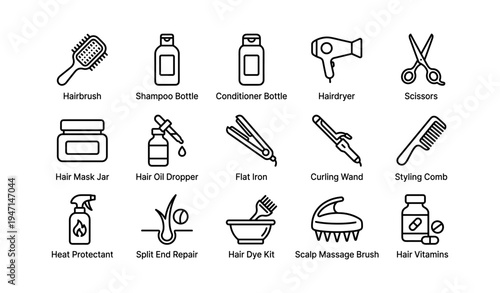 Hair care essentials: icons of brushes, bottles, and styling tools